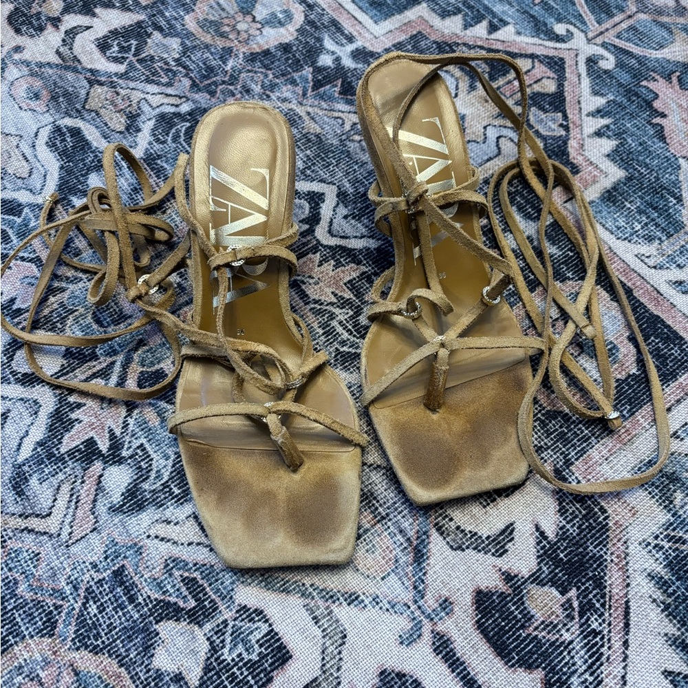 Zara Tan Strappy Sandals with Intricate Design